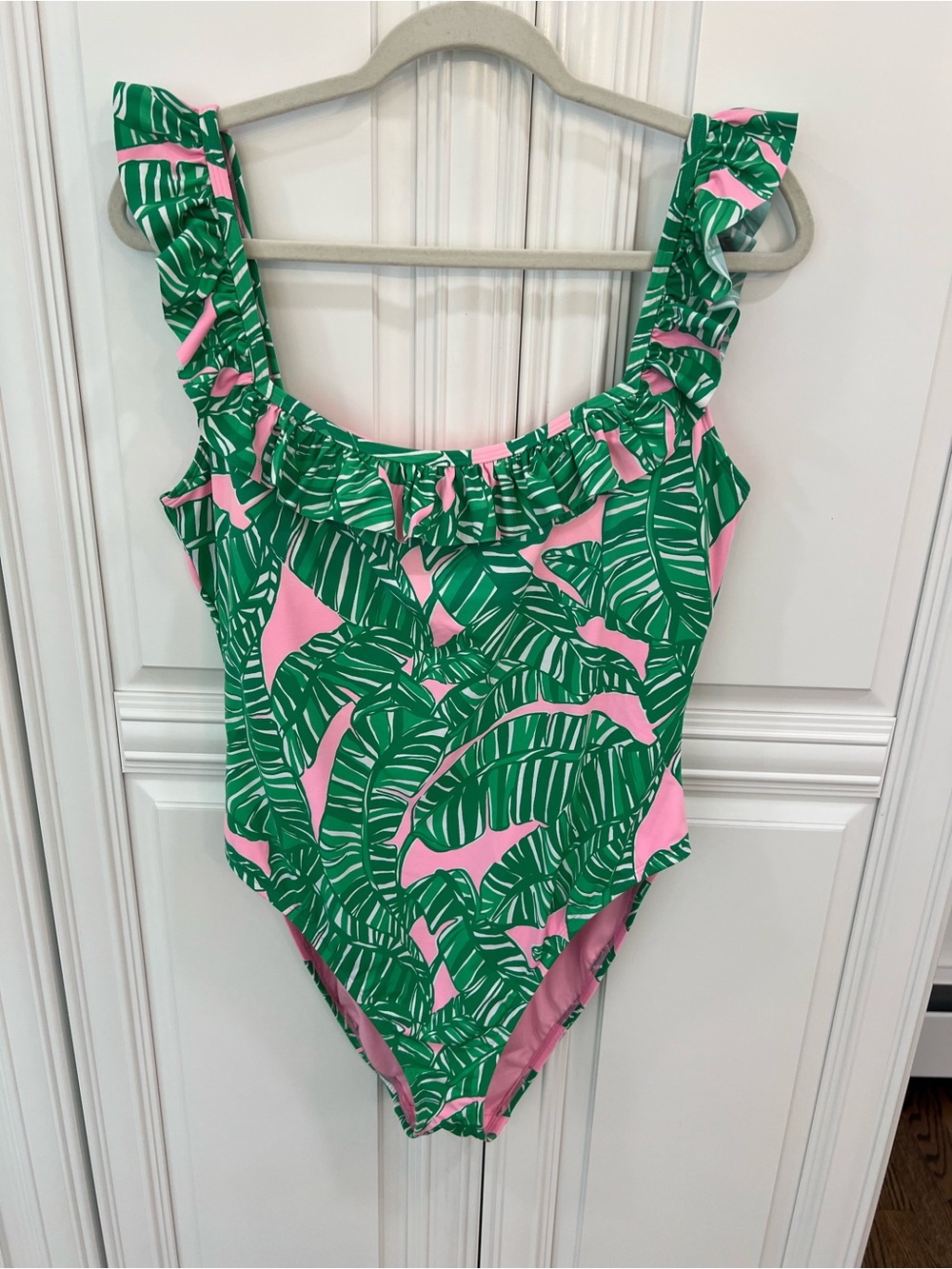Lilly Pulitzer Pink and Green Palm Ruffle One-Piece Swimsuit